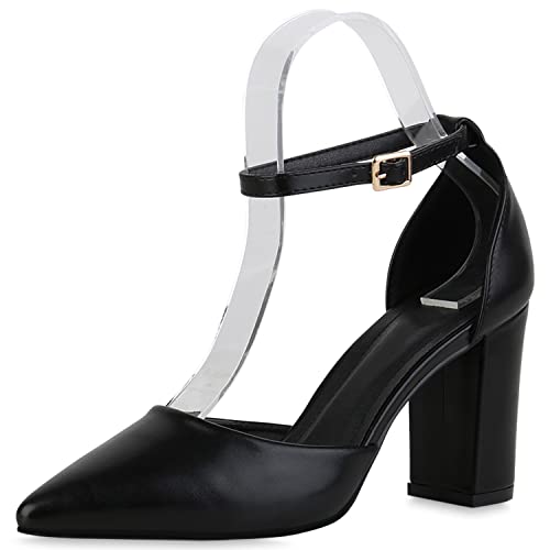 VAN HILL Damen Spitze Pumps Klassische Freizeit Schuhe Blockabsatz Abendschuhe Elegante Leder-Optik Absatzschuhe 211240 Schwarz Gold 41 von VAN HILL