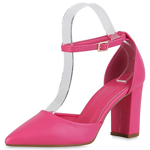 VAN HILL Damen Spitze Pumps Klassische Freizeit Schuhe Blockabsatz Abendschuhe Elegante Leder-Optik Absatzschuhe 211244 Fuchsia Gold 36 von VAN HILL