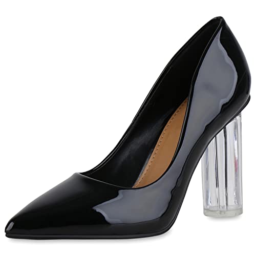 VAN HILL Damen Spitze Pumps Lack Schuhe Blockabsatz Party Absatzschuhe Elegante Freizeit Abendschuhe 208374 Schwarz Lack 37 von VAN HILL