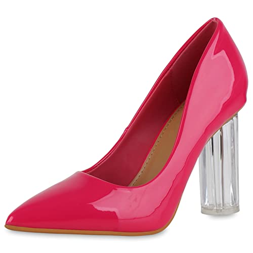 VAN HILL Damen Spitze Pumps Lack Schuhe Blockabsatz Party Absatzschuhe Elegante Freizeit Abendschuhe 208378 Neon Pink Lack 40 von VAN HILL