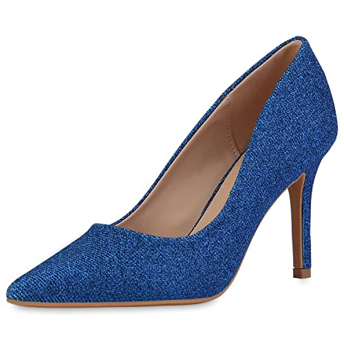 VAN HILL Damen Spitze Pumps Party Kunststoff Schuhe Stiletto Glitzer Absatzschuhe Abendschuhe 210097 Blau Glitzer 38 von VAN HILL