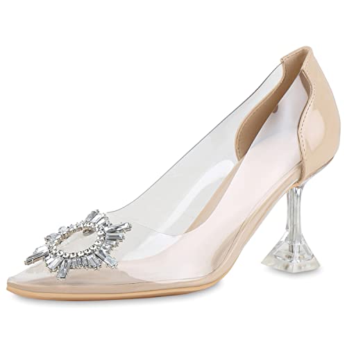 VAN HILL Damen Spitze Pumps Party Schuhe Stiletto Absatzschuhe Elegante Strass Abendschuhe Transparente Freizeitschuhe 208053 Beige Lack 38 von VAN HILL