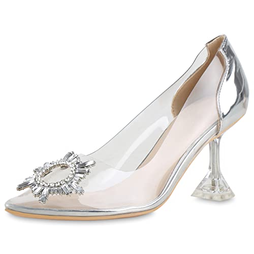 VAN HILL Damen Spitze Pumps Party Schuhe Stiletto Absatzschuhe Elegante Strass Abendschuhe Transparente Freizeitschuhe 208054 Silber 38 von VAN HILL