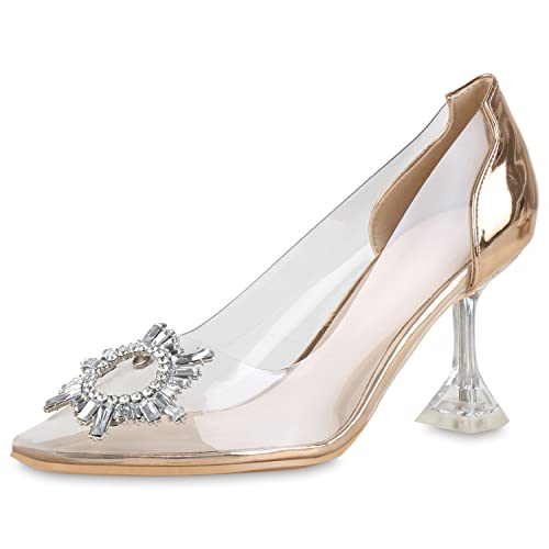 VAN HILL Damen Spitze Pumps Party Schuhe Stiletto Absatzschuhe Elegante Strass Abendschuhe Transparente Freizeitschuhe 208055 Rose Gold 38 von VAN HILL