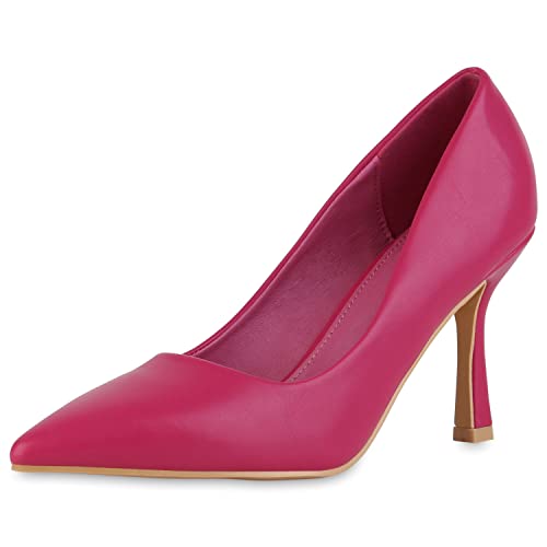 VAN HILL Damen Spitze Pumps Schuhe Stiletto Klassische Abendschuhe Elegante Leder-Optik Freizeit Absatzschuhe 210754 Fuchsia 41 von VAN HILL