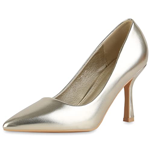 VAN HILL Damen Spitze Pumps Schuhe Stiletto Klassische Abendschuhe Elegante Leder-Optik Freizeit Absatzschuhe 210756 Gold 40 von VAN HILL