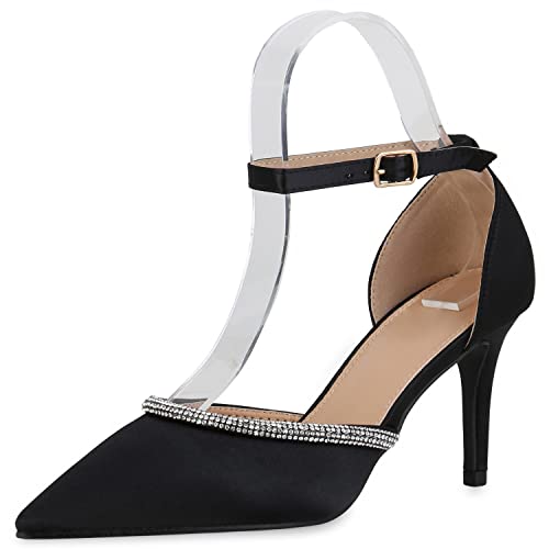 VAN HILL Damen Spitze Pumps Schuhe Stiletto Party Absatzschuhe Strass Satinoptik Partyschuhe Stoff Abendschuhe 210089 Schwarz 37 von VAN HILL