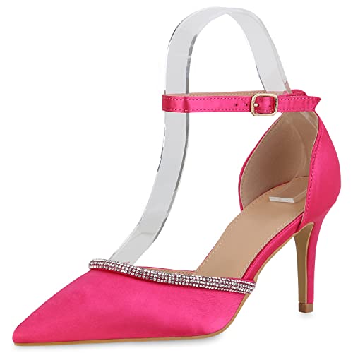 VAN HILL Damen Spitze Pumps Schuhe Stiletto Party Absatzschuhe Strass Satinoptik Partyschuhe Stoff Abendschuhe 210090 Fuchsia 38 von VAN HILL