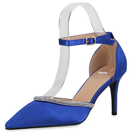 VAN HILL Damen Spitze Pumps Schuhe Stiletto Party Absatzschuhe Strass Satinoptik Partyschuhe Stoff Abendschuhe 210092 Blau 38 von VAN HILL