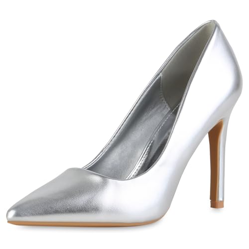 VAN HILL Damen Spitze Pumps Stiletto Basic Klassisch Schuhe 216226 Silber 39 von VAN HILL
