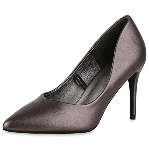 VAN HILL Damen Spitze Pumps Stiletto Basic Klassisch Schuhe 840462 212833 Grau Metallic 36 von VAN HILL