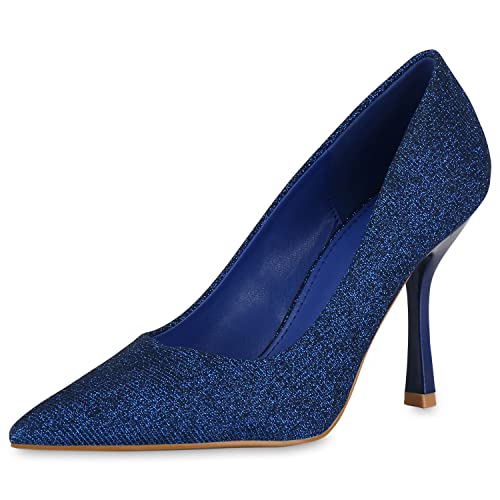 VAN HILL Damen Spitze Pumps Stiletto Glitzer Schuhe Party Absatzschuhe Elegante Abendschuhe Partyschuhe 208364 Blau 38 von VAN HILL