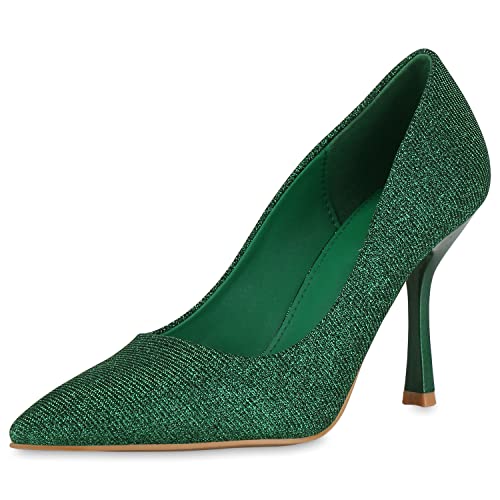 VAN HILL Damen Spitze Pumps Stiletto Glitzer Schuhe Party Absatzschuhe Elegante Abendschuhe Partyschuhe 208365 Grün 37 von VAN HILL
