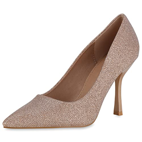 VAN HILL Damen Spitze Pumps Stiletto Glitzer Schuhe Party Absatzschuhe Elegante Abendschuhe Partyschuhe 208366 Rose Gold 37 von VAN HILL