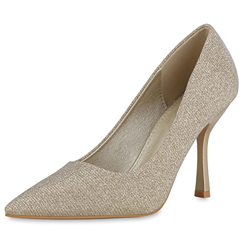 VAN HILL Damen Spitze Pumps Stiletto Glitzer Schuhe Party Absatzschuhe Elegante Abendschuhe Partyschuhe 208368 Gold 39 von VAN HILL