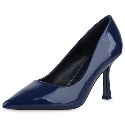 VAN HILL Damen Spitze Pumps Stiletto Lack Party Schuhe 213532 Dunkelblau Lack 40 von VAN HILL