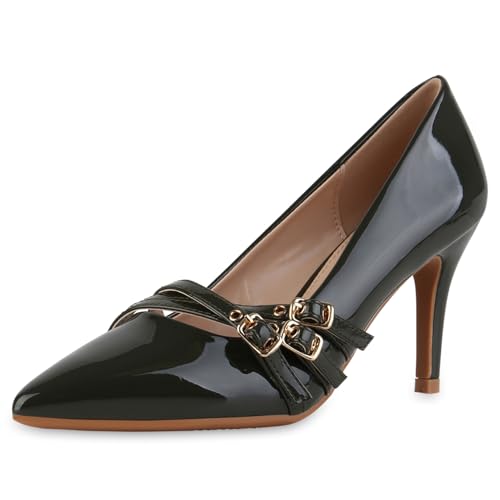 VAN HILL Damen Spitze Pumps Stiletto Schnallen Trendy Schuhe 216469 Dunkelgrün Lack 38 von VAN HILL