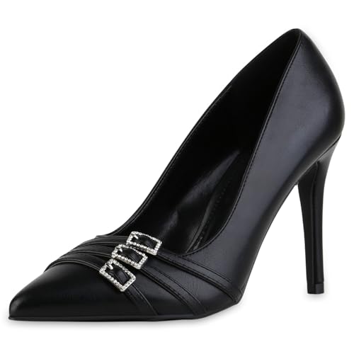 VAN HILL Damen Spitze Pumps Stiletto Schnallen Trendy Schuhe 216480 Schwarz 38 von VAN HILL