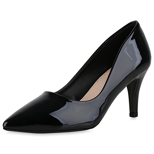 VAN HILL Damen Spitze Pumps Stiletto Schuhe Klassische Absatzschuhe Leder-Optik Freizeit Abendschuhe 210691 Schwarz Lack 37 von VAN HILL