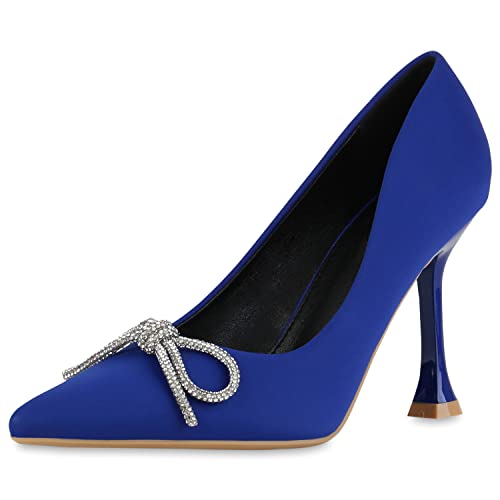 VAN HILL Damen Spitze Pumps Stiletto Schuhe Party Satin-Optik Absatzschuhe Strass Schleifen Freizeit Partyschuhe 210725 Blau 38 von VAN HILL