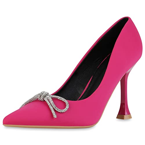 VAN HILL Damen Spitze Pumps Stiletto Schuhe Party Satin-Optik Absatzschuhe Strass Schleifen Freizeit Partyschuhe 210726 Fuchsia 38 von VAN HILL