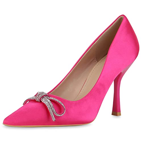 VAN HILL Damen Spitze Pumps Stiletto Schuhe Party Strass Absatzschuhe Schleifen Partyschuhe Satinoptik High Heels 210101 Fuchsia 36 von VAN HILL