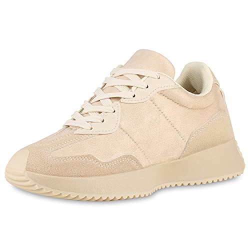 VAN HILL Damen Sportschuhe Laufschuhe Flache Freizeit Schuhe Kunstleder Schnürer Sportliche Profilsohle Turnschuhe 202890 Beige Robust 38 von VAN HILL