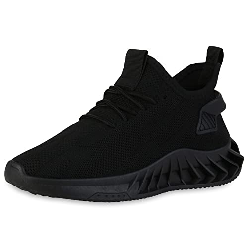 VAN HILL Damen Sportschuhe Laufschuhe Schuhe Flache Stoff Turnschuhe Sportliche Profilsohle Schnürer Strick Schnürschuhe 203384 Schwarz 36 von VAN HILL