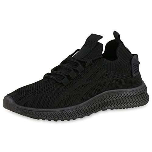 VAN HILL Damen Sportschuhe Laufschuhe Schuhe Strick Freizeit Schnürer Sportliche Profilsohle Schnürschuhe Turnschuhe 206126 Schwarz Sportlich 37 von VAN HILL