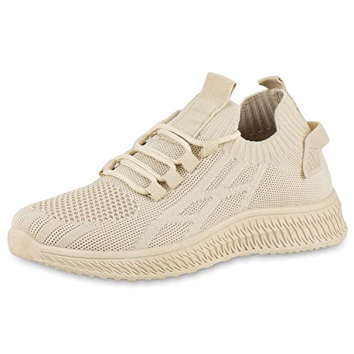 VAN HILL Damen Sportschuhe Laufschuhe Schuhe Strick Freizeit Schnürer Sportliche Profilsohle Schnürschuhe Turnschuhe 206128 Beige Sportlich 37 von VAN HILL