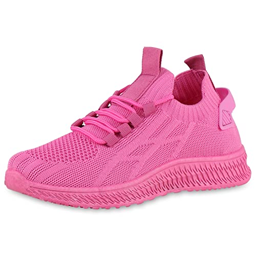 VAN HILL Damen Sportschuhe Laufschuhe Schuhe Strick Freizeit Schnürer Sportliche Profilsohle Schnürschuhe Turnschuhe 206134 Fuchsia Sportlich 36 von VAN HILL