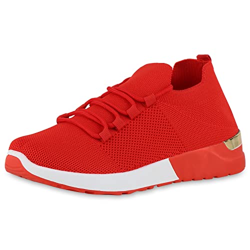 VAN HILL Damen Sportschuhe Laufschuhe Sportliche Stoff Turnschuhe Flache Strick Schuhe Profilsohle Schnürer Turnschuhe 212368 Rot 37 von VAN HILL