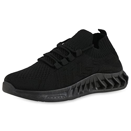 VAN HILL Damen Sportschuhe Laufschuhe Sportliche Strick Schnürschuhe Flache Turnschuhe Freizeit Schuhe Schnürer Stoffschuhe 206115 Schwarz 36 von VAN HILL