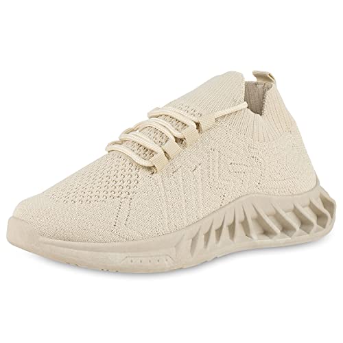 VAN HILL Damen Sportschuhe Laufschuhe Sportliche Strick Schnürschuhe Flache Turnschuhe Freizeit Schuhe Schnürer Stoffschuhe 206117 Beige 36 von VAN HILL