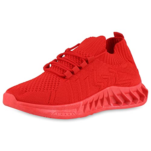 VAN HILL Damen Sportschuhe Laufschuhe Sportliche Strick Schnürschuhe Flache Turnschuhe Freizeit Schuhe Schnürer Stoffschuhe 206119 Rot 37 von VAN HILL