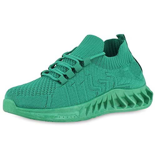 VAN HILL Damen Sportschuhe Laufschuhe Sportliche Strick Schnürschuhe Flache Turnschuhe Freizeit Schuhe Schnürer Stoffschuhe 206159 Grün 36 von VAN HILL