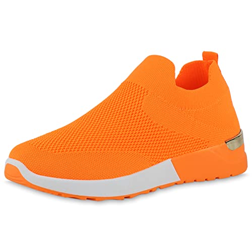 VAN HILL Damen Sportschuhe Slip Ons Schuhe Flache Strick Turnschuhe Sportliche Profilsohle Freizeitschuhe 212391 Neon Orange 36 von VAN HILL