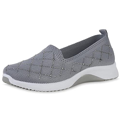 VAN HILL Damen Sportschuhe Slip Ons Sportlich Flache Strass Schuhe Strick Slippers Profilsohle Freizeit Stoffschuhe 212029 Grau 36 von VAN HILL