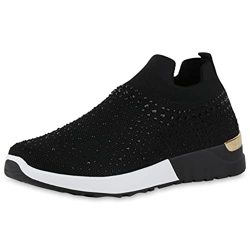 VAN HILL Damen Sportschuhe Slip Ons Sportliche Profilsohle Schuhe Flache Strass Turnschuhe Strick Stoff Freizeitschuhe 212343 Schwarz 36 von VAN HILL