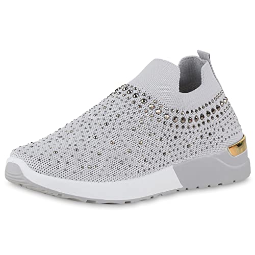 VAN HILL Damen Sportschuhe Slip Ons Sportliche Profilsohle Schuhe Flache Strass Turnschuhe Strick Stoff Freizeitschuhe 212349 Hellgrau 36 von VAN HILL