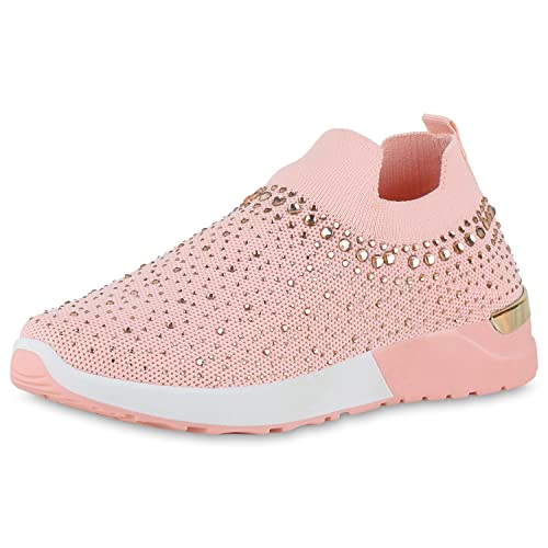 VAN HILL Damen Sportschuhe Slip Ons Sportliche Profilsohle Schuhe Flache Strass Turnschuhe Strick Stoff Freizeitschuhe 212352 Rosa 38 von VAN HILL