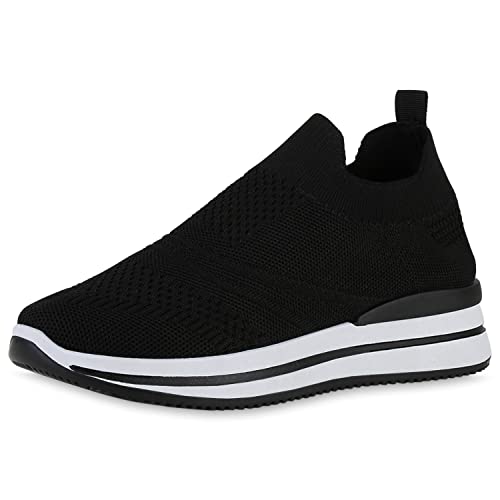 VAN HILL Damen Sportschuhe Slip Ons Sportliche Stoff Turnschuhe Flache Strick Freizeit Schuhe Profilsohle Stoffschuhe 211392 Schwarz 38 von VAN HILL