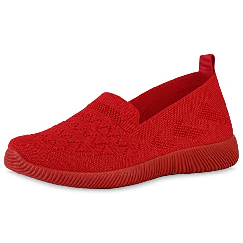 VAN HILL Damen Sportschuhe Slip Ons Sportliche Strick Schuhe Flache Profilsohle Turnschuhe Freizeit Stoffschuhe 211577 Rot 39 von VAN HILL