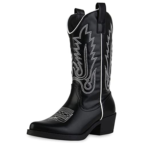 VAN HILL Damen Stiefel Cowboystiefel Schuhe Stickereien Boots Freizeitschuhe Spitze Western Freizeitstiefel 210043 Schwarz Weiss 38 von VAN HILL