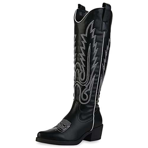 VAN HILL Damen Stiefel Cowboystiefel Spitze Schuhe Freizeit Western Boots Stickereien Absatzschuhe Freizeitstiefel 208809 Schwarz 41 von VAN HILL