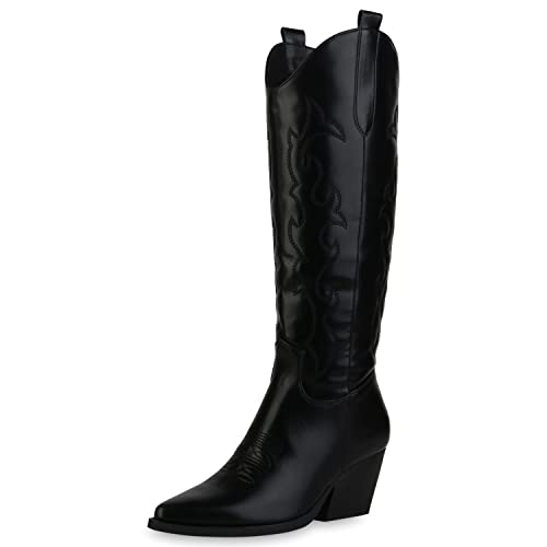 VAN HILL Damen Stiefel Cowboystiefel Spitze Western Stickereien Schuhe Holzoptikabsatz Freizeitstiefel Boots 205335 Schwarz 38 von VAN HILL