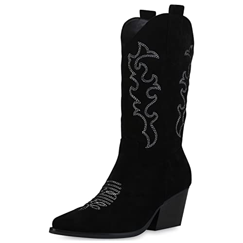 VAN HILL Damen Stiefel Cowboystiefel Stickereien Schuhe Holzoptikabsatz Western Boots Spitze Veloursleder-Optik Freizeitstiefel 210489 Schwarz Velours 38 von VAN HILL