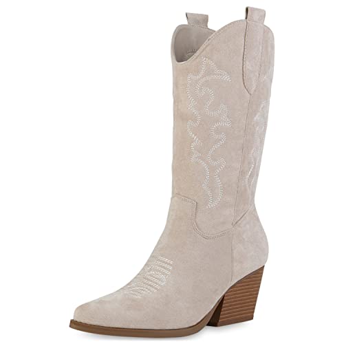 VAN HILL Damen Stiefel Cowboystiefel Stickereien Schuhe Holzoptikabsatz Western Boots Spitze Veloursleder-Optik Freizeitstiefel 210490 Beige Velours 38 von VAN HILL