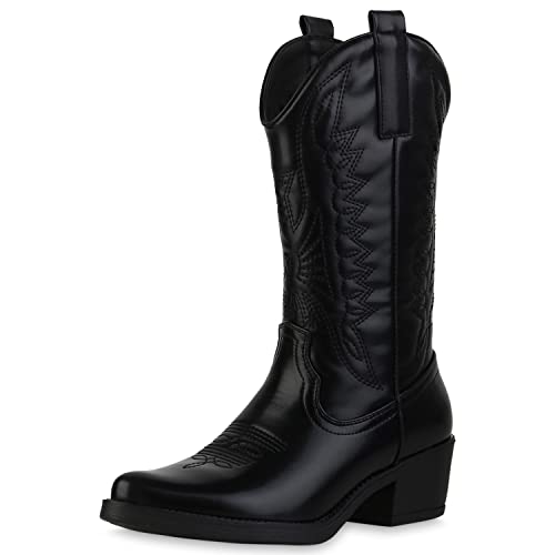 VAN HILL Damen Stiefel Cowboystiefel Stickereien Schuhe Spitze Holzoptikabsatz Western Boots Freizeitschuhe 211605 Schwarz 37 von VAN HILL