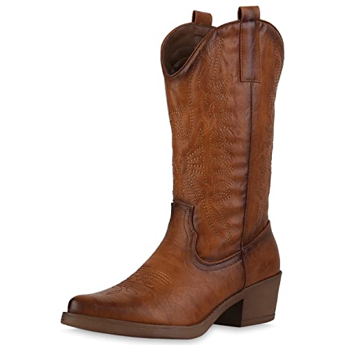 VAN HILL Damen Stiefel Cowboystiefel Stickereien Schuhe Spitze Holzoptikabsatz Western Boots Freizeitschuhe 211606 Hellbraun 36 von VAN HILL